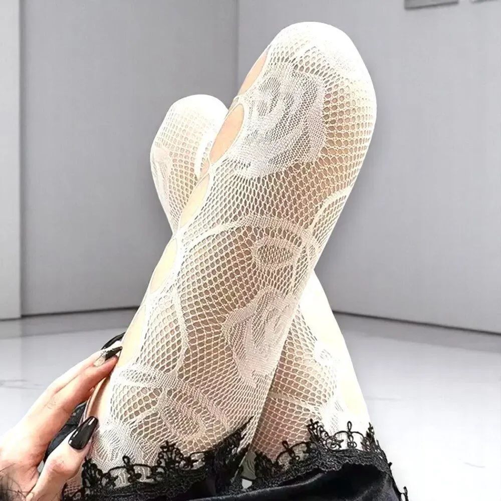 White Rose Vine Side Hollow Out Fishnet Tights - NWT - Picture 4 of 4